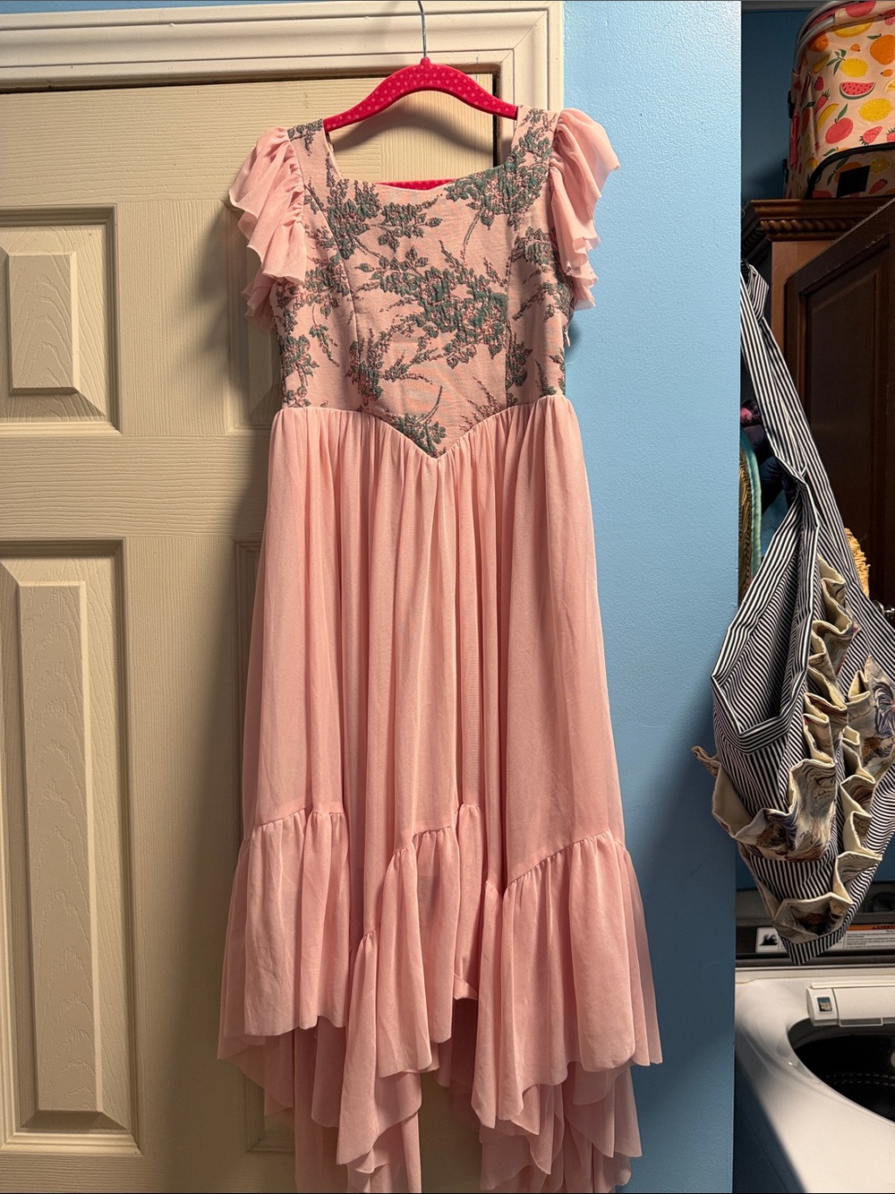 Joyfolie Pink Floral Lace Bodice High-Low Ruffle Dress
